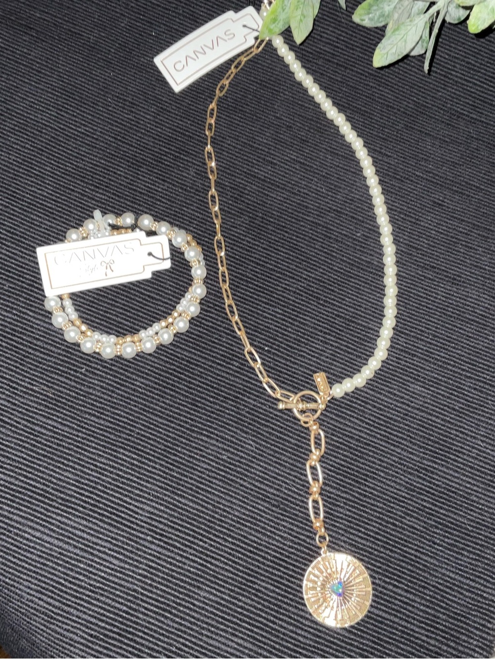 Bella Canvas Gold and White Pearl Pendant Necklace with Matching Pearl Bracelet